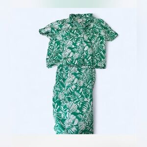 Green Tropical Floral Linen Matching Two Piece Pant Set